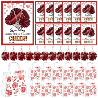 Red Cheerleader Gift Set Bulk 12 Pieces with Necklaces, Gift Bags, Ribbons