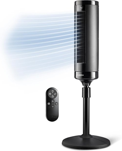 Lasko Elevation Adjustable Tower Fan - 42”-54” Height, 31 ft/s Airflow, Quiet 28 dB, 90° Oscillation, Remote Control - Black