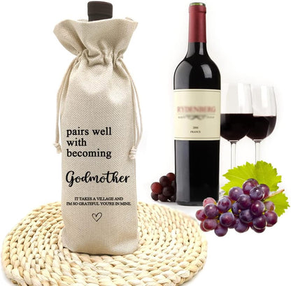 Wine Bag Gifts for Godmother, Godmother Gift, Burlap Wine Bottle Cover Gift Bag for Godmother, Godparent