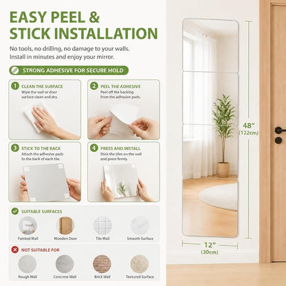 Shatterproof Acrylic Mirror Tiles, 12x12 inch, 4 Pack for Kids Rooms