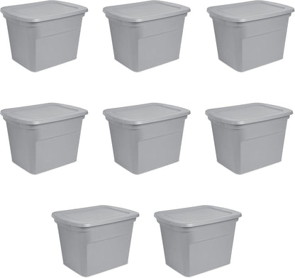 Sterilite 18 Gal Storage Tote - Stackable Plastic Bin with Lid for Organizing Clothes | Gray Base & Lid, 8-Pack