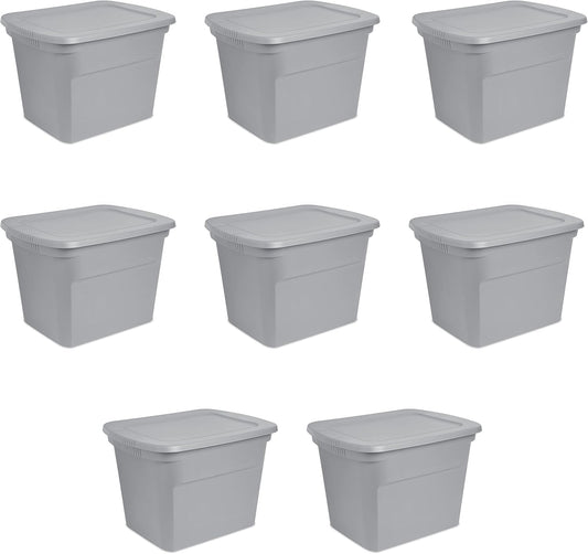 Sterilite 18 Gal Storage Tote - Stackable Plastic Bin with Lid for Organizing Clothes | Gray Base & Lid, 8-Pack
