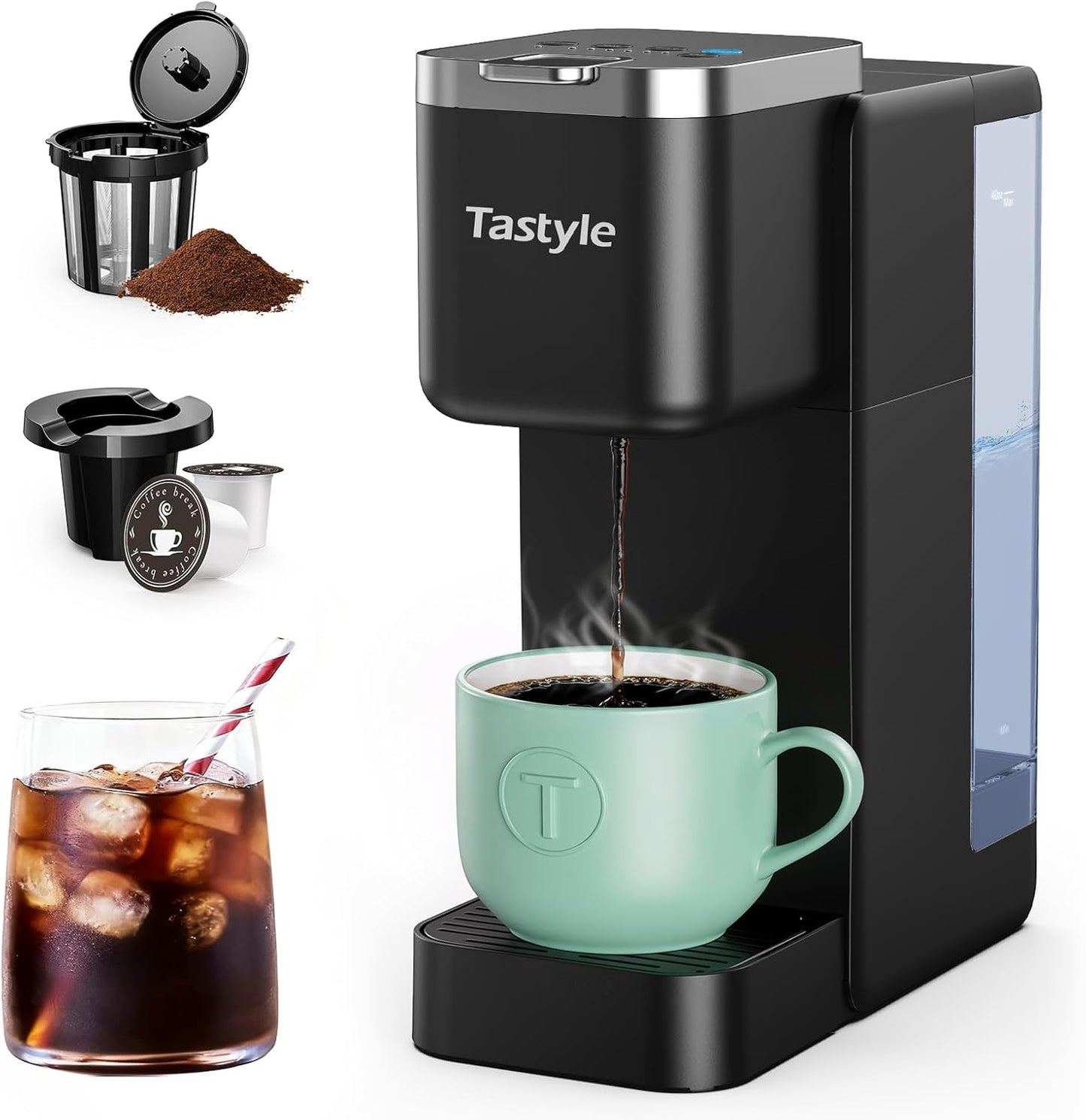 Skiennix Single Serve Coffee Maker - Iced & Hot Brew Machine with 40oz Reservoir | Fits 7.3" Travel Mug, Black
