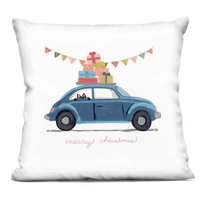 Blue Merry Christmas Car Cat 18x18 Inch Indoor Throw Pillow — Variation Merry Christmas Car Cat