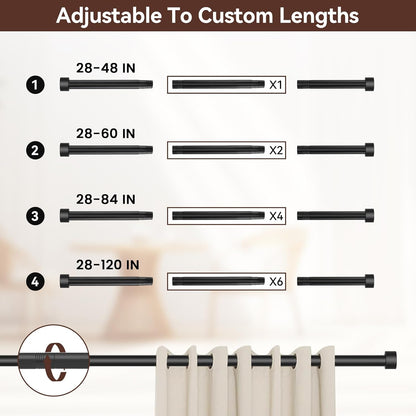 Skiennix Black Curtain Rods - Heavy Duty Metal Drapery Rods 28 to 48 Inch | Modern Design with Brackets