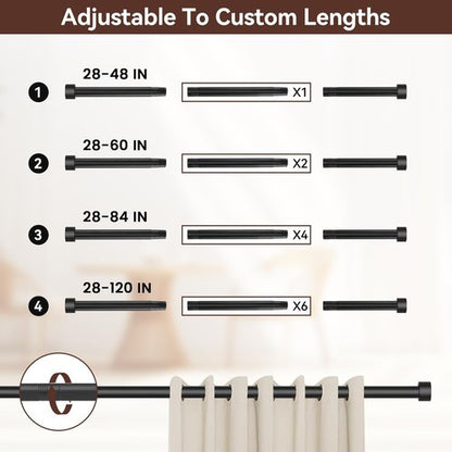 Black Curtain Rods for Windows 28 to 48 Inch,5/8 Inch Diameter Heavy Duty Metal Stainless Steel Drapery Rods with Brackets,Modern Curtain Rod with Simple End Caps