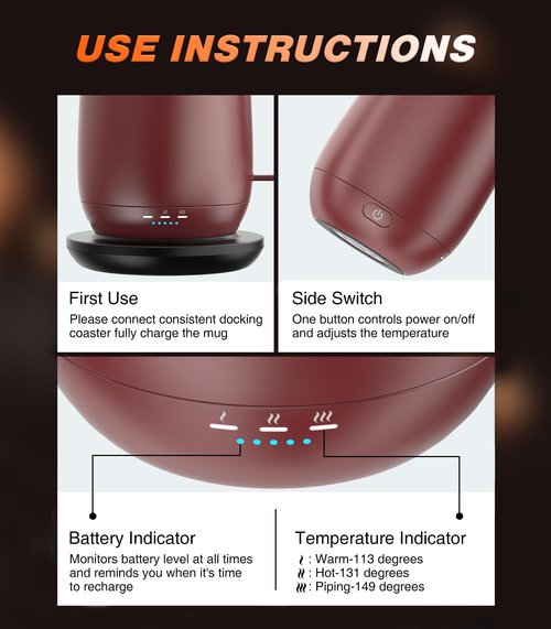 Kepwam Self Heating Coffee Mug, 16oz Smart Heated Coffee Mug, 150 Min Battery Life - Hot up to 149℉ Temperature Control Coffee Mug Warmer, Gifts for Women and Men