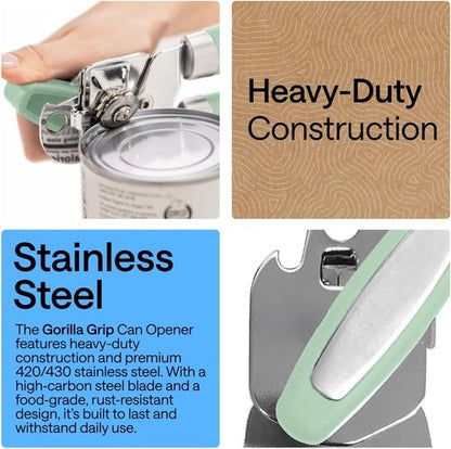Gorilla Grip Heavy Duty Can Opener - Stainless Steel, Smooth Edge, Comfortable Handle | Mint Color
