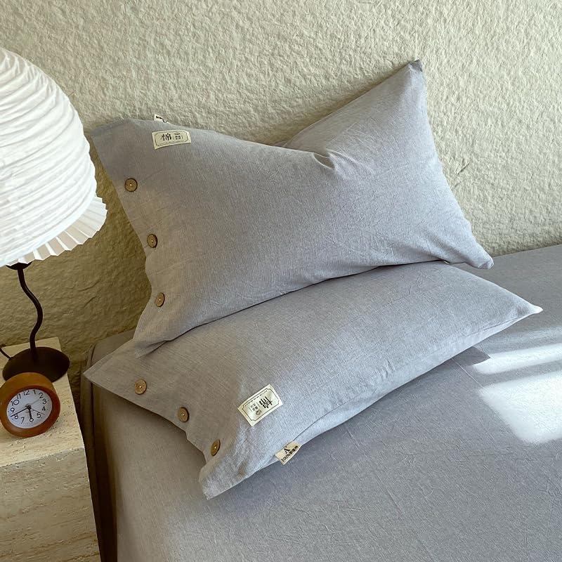 Gray Quilted Pillow Sham Set of 2 with Button Closure - Breathable Microfiber Cover
