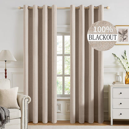 MIULEE 100% Blackout Linen Textured Curtains - Thermal Insulated Natural Beige Drapes | 52 x 92 Inch (2 Panels)