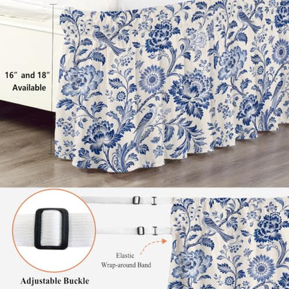Queen Size Bed Skirt 16 Inch Drop Elastic Ruffled Bed Frame Cover Blue