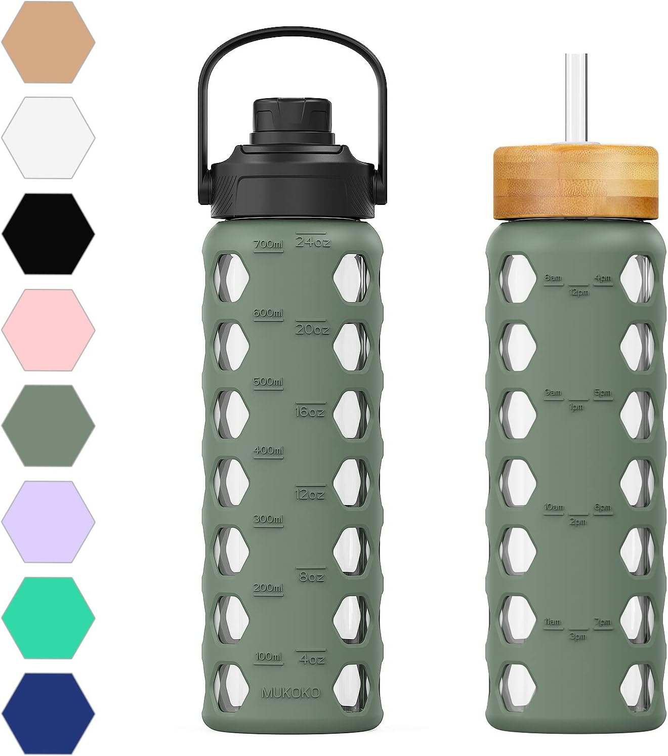 MUKOKO 24oz Glass Water Bottle - Motivational Tumbler with Time Markers & Silicone Sleeve | Olive