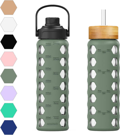 MUKOKO 24oz Glass Water Bottle - Motivational Tumbler with Time Markers & Silicone Sleeve | Olive
