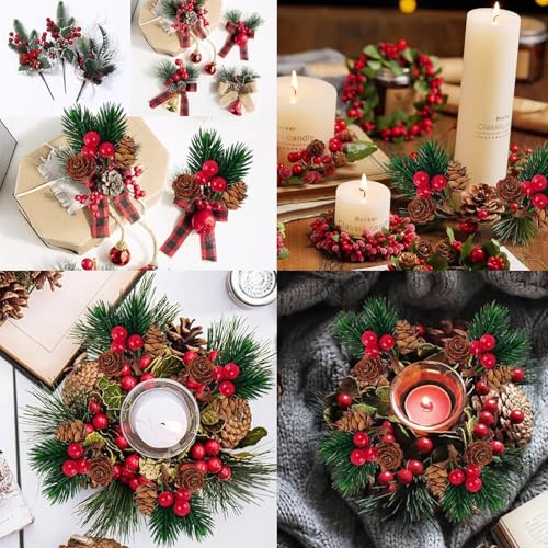 Christmas Floral Picks with Pine Cones and Red Berries, 30 Pack for Holiday Decoration