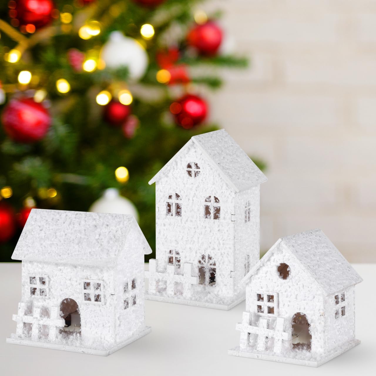 TOYANDONA Christmas Village Houses - 3Pcs LED Lighted Wooden Decor for Tabletop & Mantle Display