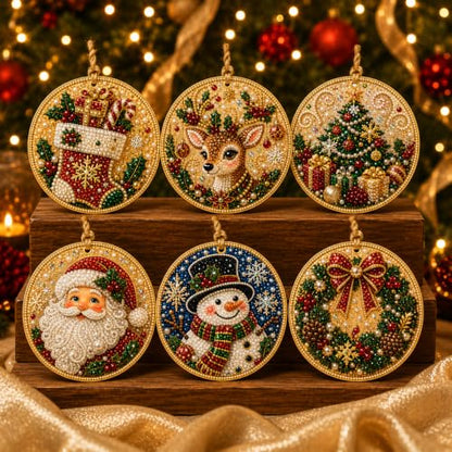 Wooden Christmas Ornaments DIY Kit with Pearls & Gems - 6 Pieces - J#
