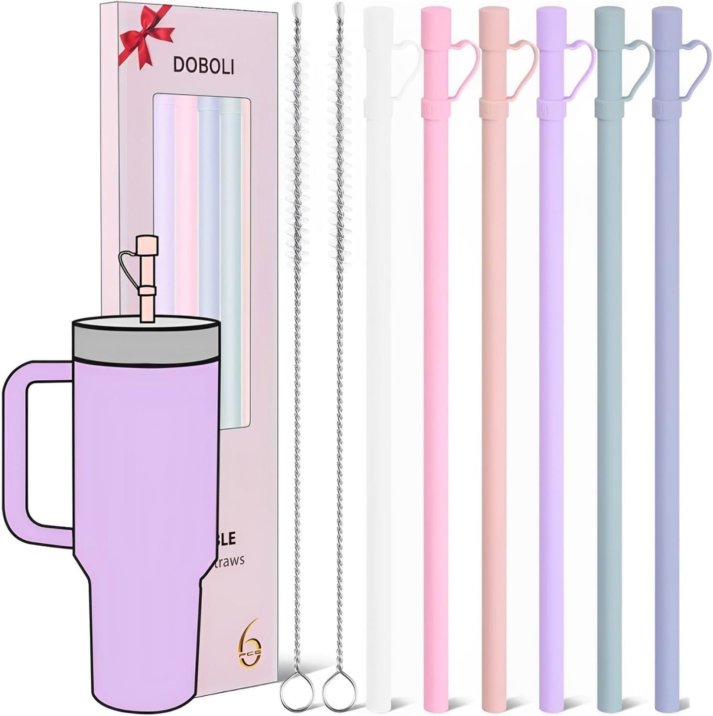 Skiennix Reusable Silicone Straws - 12-Inch Long with Covers | Perfect for Stanley Tumblers (6 Pack)