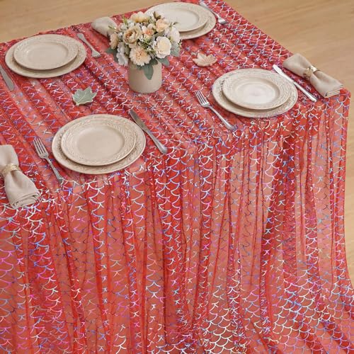 Red Colorful Mermaid Gauze Tablecloth 60x84 Inches Rectangular Glitter Mesh for Wedding Party