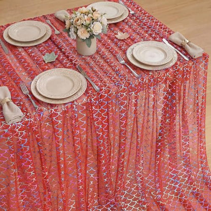 Red Colorful Mermaid Gauze Tablecloth 60x84 Inches Rectangular Glitter Mesh for Wedding Party