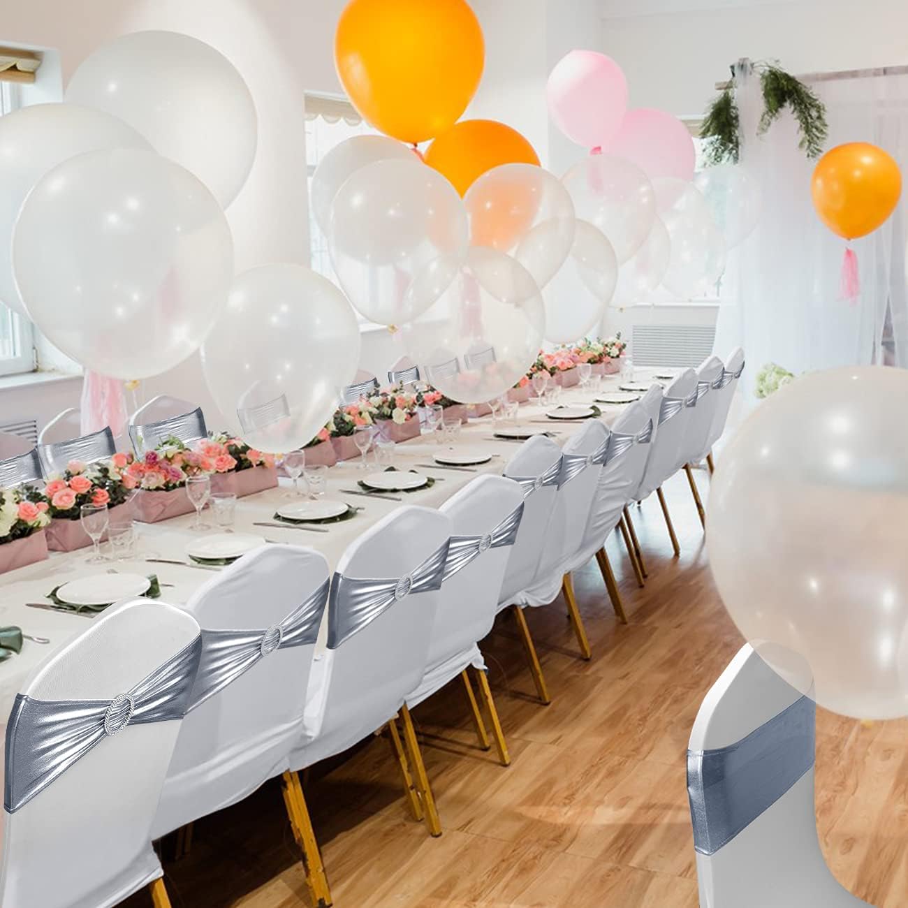 Babenest Spandex Chair Sashes - 30PCS Premium Stretch Covers with Buckle Slider | Metallic Silver for Weddings & Events