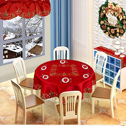 Christmas Holly Tree Tablecloth 69 Inch Round Satin Holiday Decor - Grelucgo