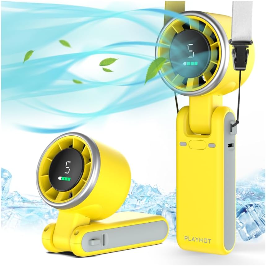PlayHot Portable Handheld Turbo Fan - 5-Speed Rechargeable 5000mAh Battery | Lightweight 3-in-1 Design (Yellow)