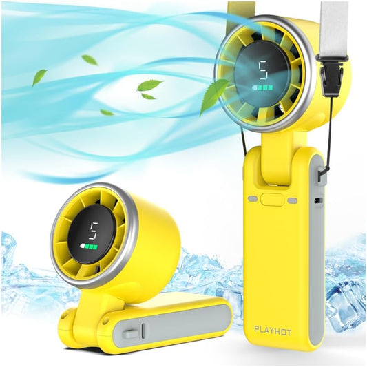 PlayHot Portable Handheld Turbo Fan - 5-Speed Rechargeable 5000mAh Battery | Lightweight 3-in-1 Design (Yellow)
