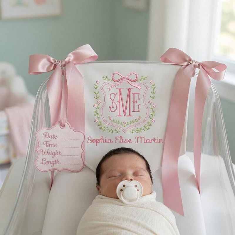 Personalized Baby Banner with Name - Embroidery on Cotton Canvas, 12x11 in AM-AOFB-06