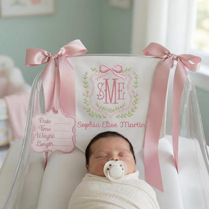 Personalized Baby Banner with Name - Embroidery on Cotton Canvas, 12x11 in AM-AOFB-06