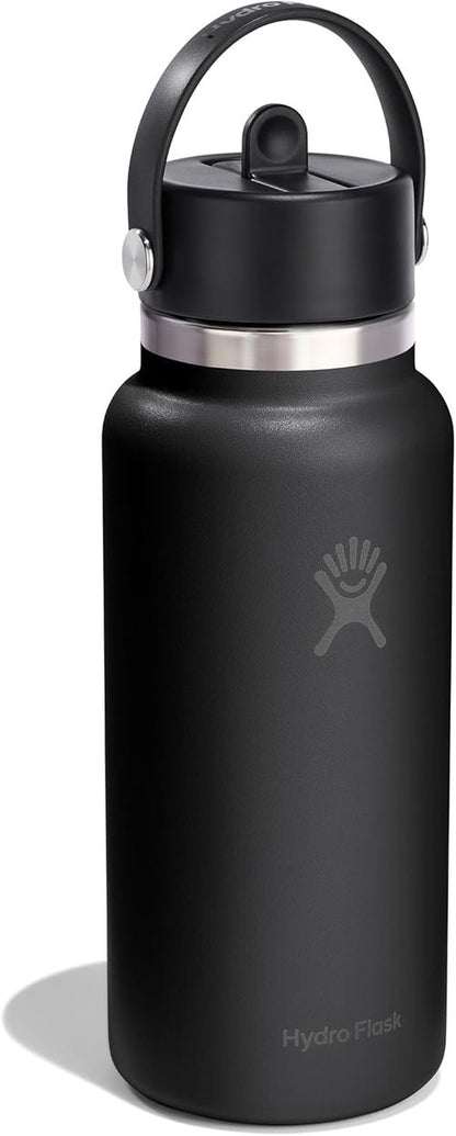 Hydro Flask Water Bottle - Insulated Stainless Steel | 32 Oz Wide Mouth with Flex Straw Lid - Leakproof & Refillable in Tonal Black