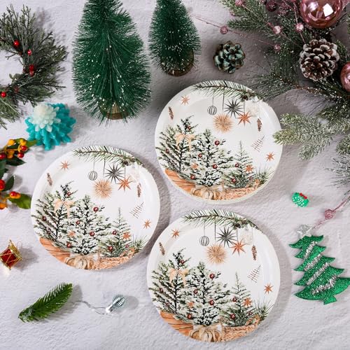 24 Pcs Christmas Holiday Dessert Plates Xmas Trees Holly Pine Cone Design