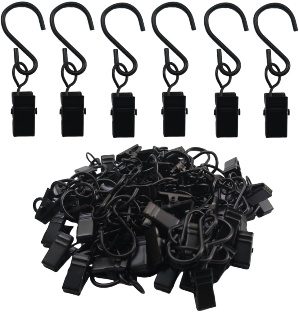 Skiennix Stainless Steel S Hooks - Versatile Curtain Clips for Hanging Lights & Decorations | 2.4 Inch, Black, 40 Pcs