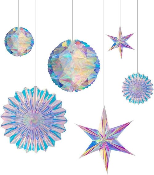 BTSD-Home Iridescent Party Decorations - Hanging Honeycomb Balls & 3D Star Ornaments | Holographic Ceiling Decor for Birthdays, Weddings & More