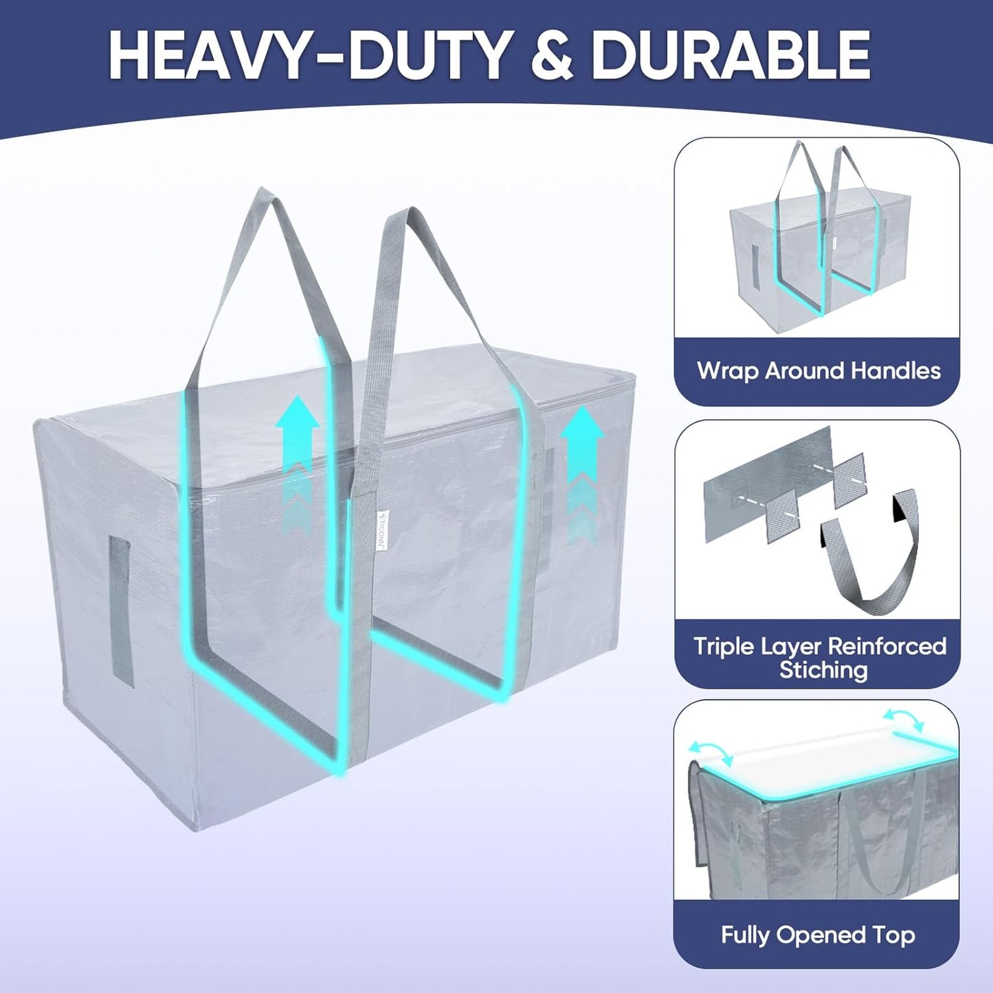 TICONN Extra Large Moving Bags - Heavy Duty Storage with Zippers & Handles | 6 Pack in Light Grey