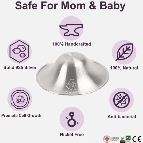 Boboduck The Original Silver Nursing Cups - Nipple Shields for Nursing Newborn, Newborn Breastfeeding Must Haves for Soothe and Protect Your Nursing Nipples - 925 Silver (X-L Size)