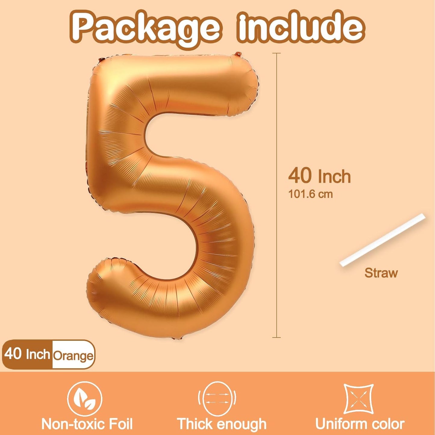 Number 5 Balloon - 40 Inch Orange Foil Balloon for Birthday, Graduation, Wedding & Baby Shower Decor