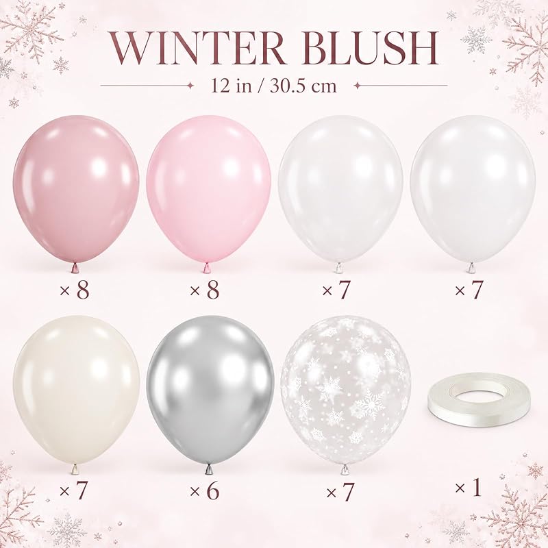 Pink and Silver Balloons 50 Pcs Snowflake Winter Wonderland — Variation Pink White Snowflake
