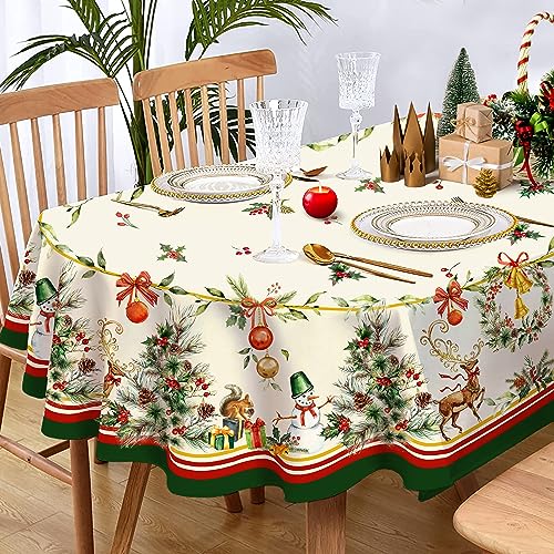 Oval Christmas Tablecloth 60 x 84in with Elk & Tree Holiday Decor - Waterproof Polyester