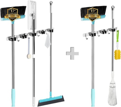 AceMining Wall Mounted Broom and Mop Holder | 5 Racks & 4 Hooks | Heavy Duty Stainless Steel Storage Solution