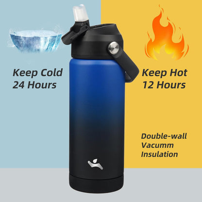Skiennix Insulated Water Bottle - 18 oz Stainless Steel with Straw Lid & Silicone Handle | Black/Blue