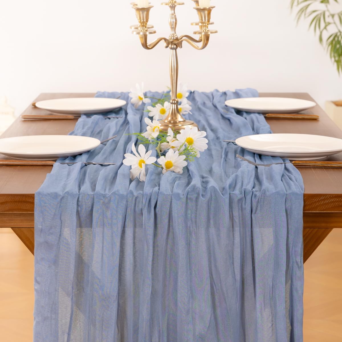 Socomi Cheesecloth Table Runner - Dusty Blue Boho Rustic Sheer 120 Inch for Weddings & Home Decor