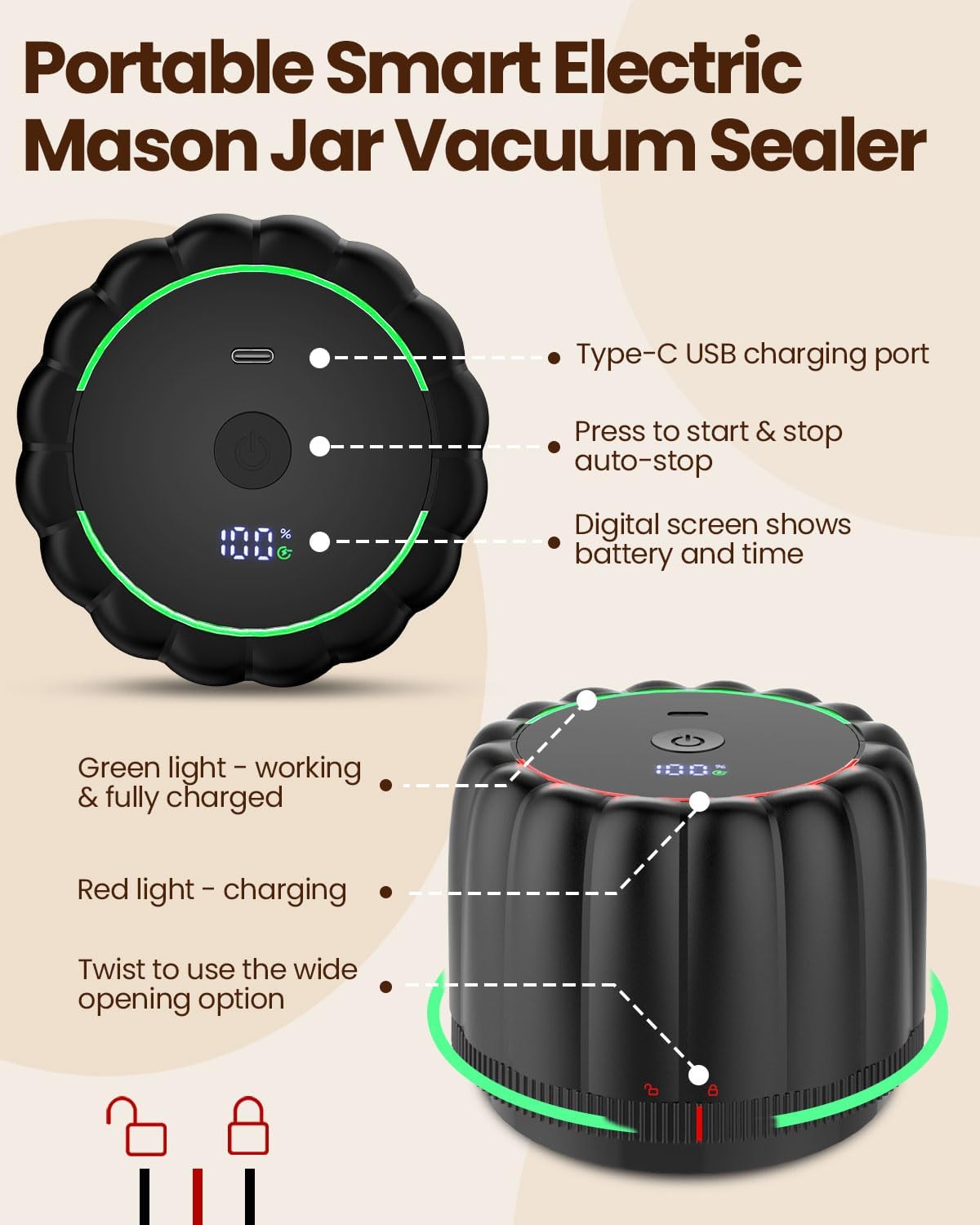 Upgraded Electric Mason Jar Vacuum Sealer Kit by [Brand Name] - Automatic One-Touch Food Storage with 2500mAh Battery & Wide/Regular Lids