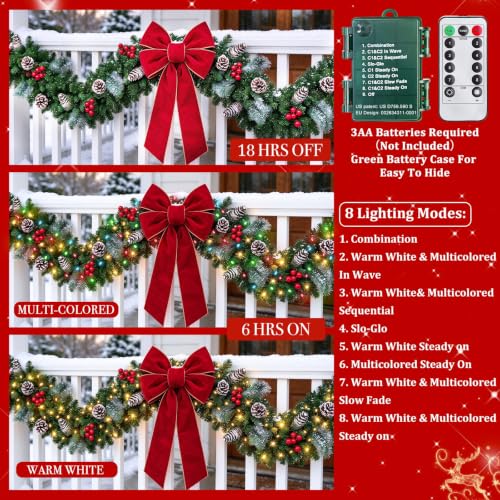 12 Ft Prelit Christmas Garland with Remote Control, 8 Modes & Timer, Warm White & Color Lights