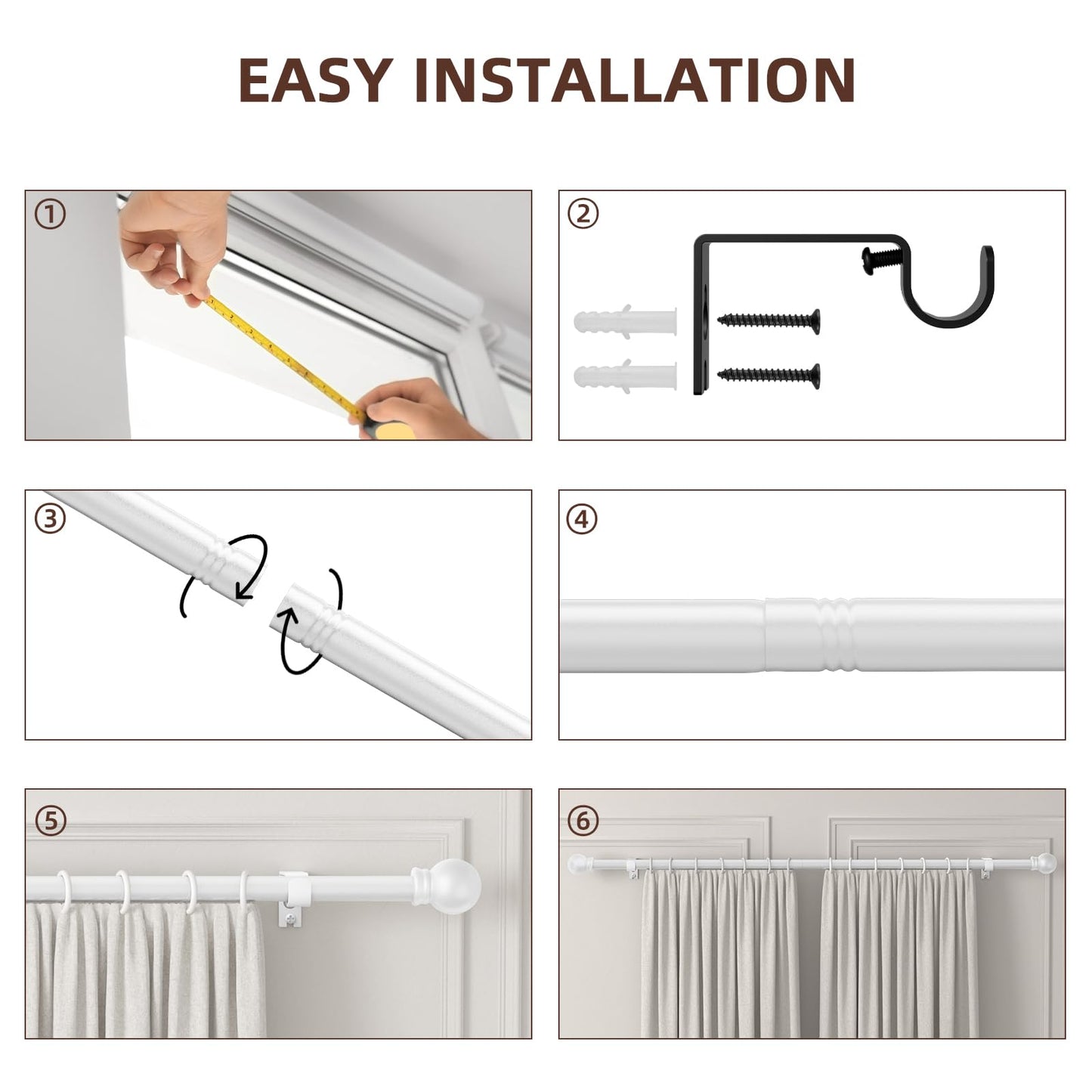 SMODBRODRE Curtain Rods for Window 32 and 48, White 5/8 inch Splicing Single Window Curtain Rod Set with Brackets