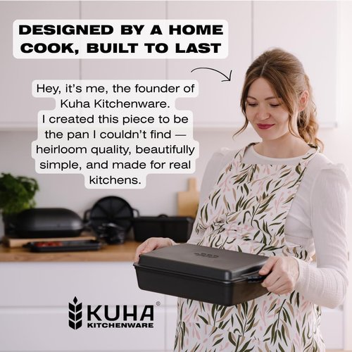 KUHA Square Cast Iron Dutch Oven 2-in-1 - Pre-Seasoned Cookware with Skillet Lid & Casserole Dish | 13" x 9", 6 QT