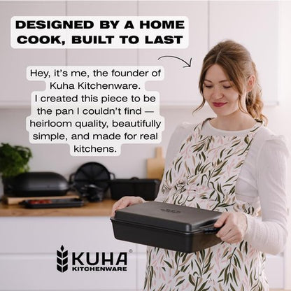 KUHA Square Cast Iron Dutch Oven 2-in-1 - Pre-Seasoned Cookware with Skillet Lid & Casserole Dish | 13" x 9", 6 QT