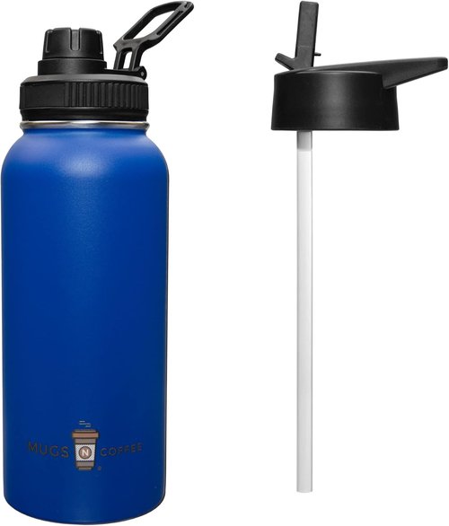 32 oz Stainless Steel Water Bottle by Mugs N Coffee - Blue Vacuum Insulated Travel Mug with Two Lids | Double Wall, Leak-Resistant, BPA-Free