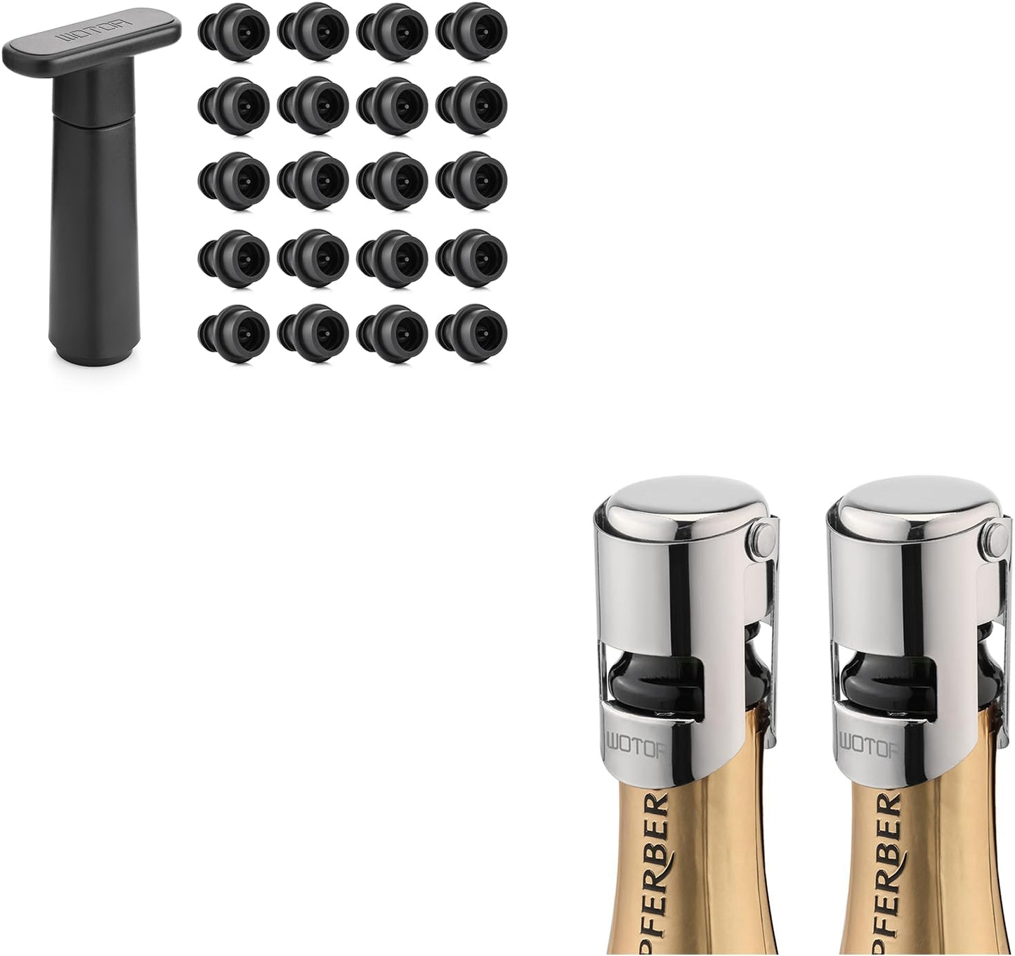 WOTOR Champagne Stoppers with Stainless Steel Champagne Bottle Stopper with Food Grade Silicone Reusable Champagne Cork, Saver Suitable for Champagne, Cava, Prosecco, Sparkling Wine (Silver, 2pack)