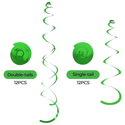 Green 24-Pack Ceiling Swirl Decorations with 12 Single & 12 Double Tails - Hanging Party Streamers for Birthday, St Patrick's, Easter (Variation: Green+24 Pack)