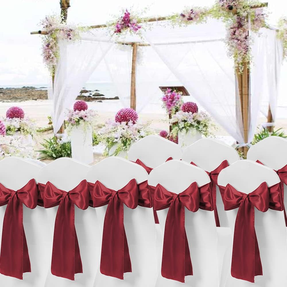 Regine Burgundy Chair Sashes - 50 Pack Dark Red Satin Ribbons for Wedding & Party Decor